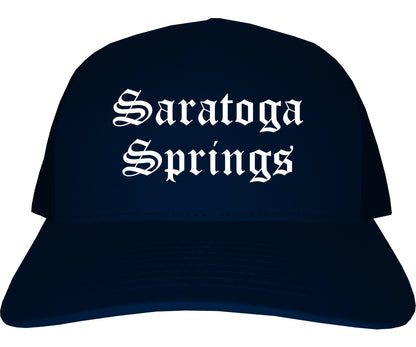 Saratoga Springs New York NY Old English Mens Trucker Hat Cap Navy Blue