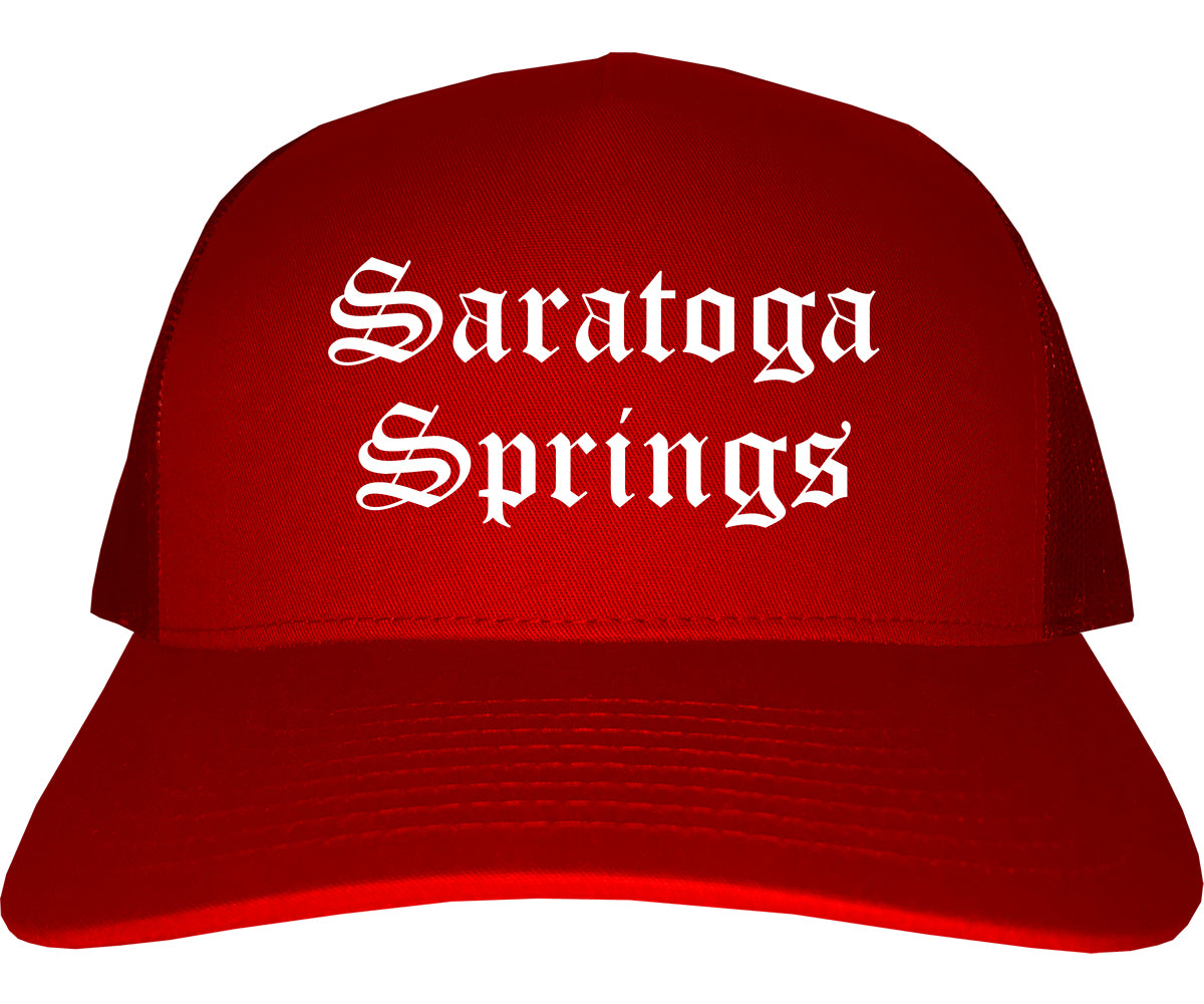 Saratoga Springs New York NY Old English Mens Trucker Hat Cap Red