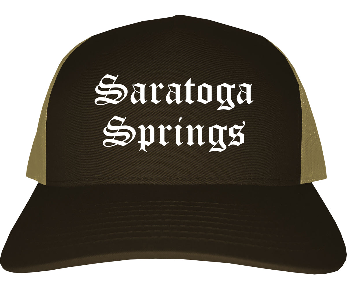 Saratoga Springs Utah UT Old English Mens Trucker Hat Cap Brown