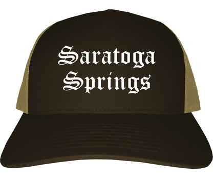 Saratoga Springs Utah UT Old English Mens Trucker Hat Cap Brown