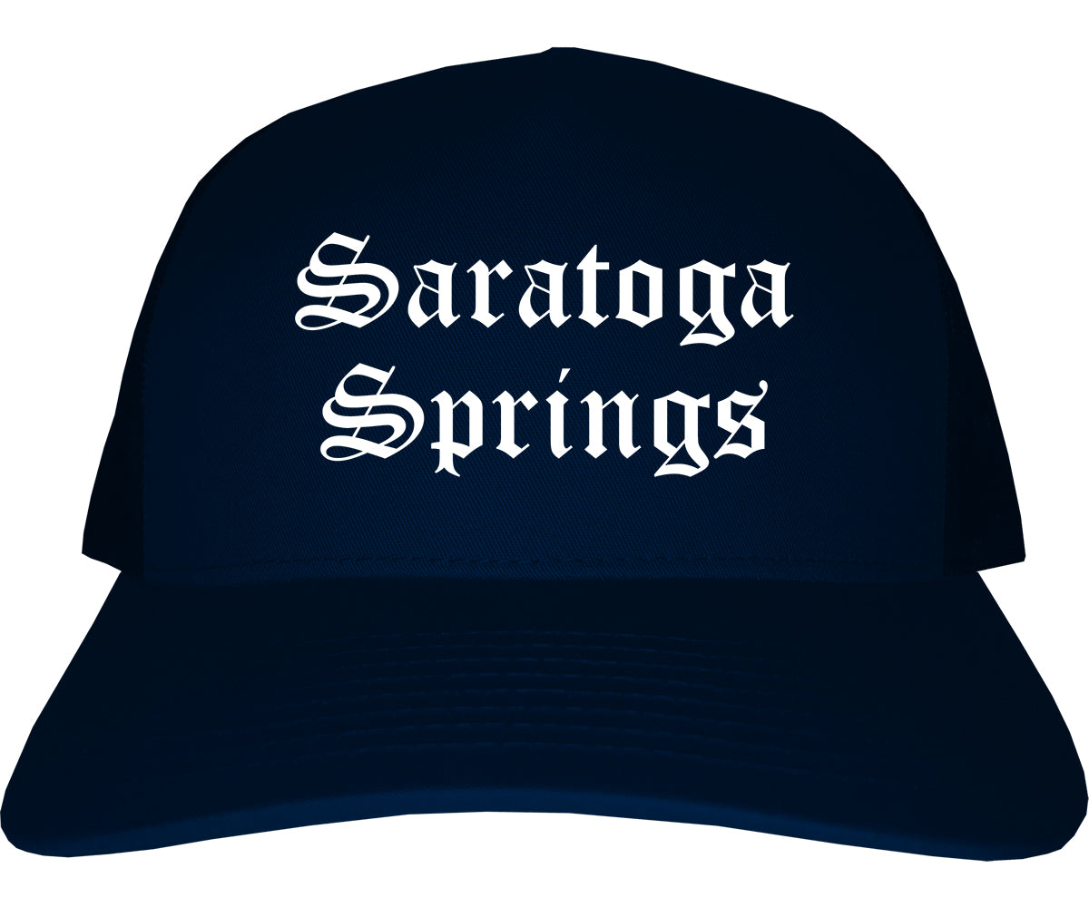 Saratoga Springs Utah UT Old English Mens Trucker Hat Cap Navy Blue