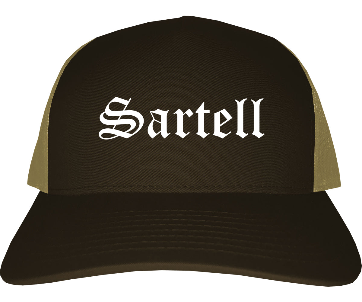 Sartell Minnesota MN Old English Mens Trucker Hat Cap Brown