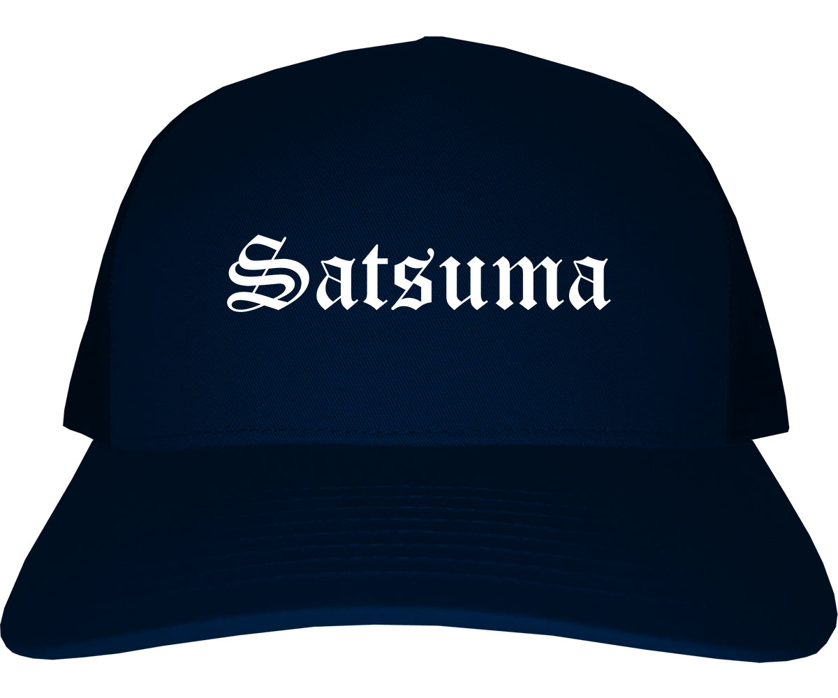 Satsuma Alabama AL Old English Mens Trucker Hat Cap Navy Blue