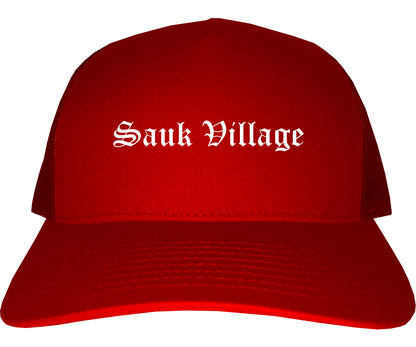 Sauk Village Illinois IL Old English Mens Trucker Hat Cap Red