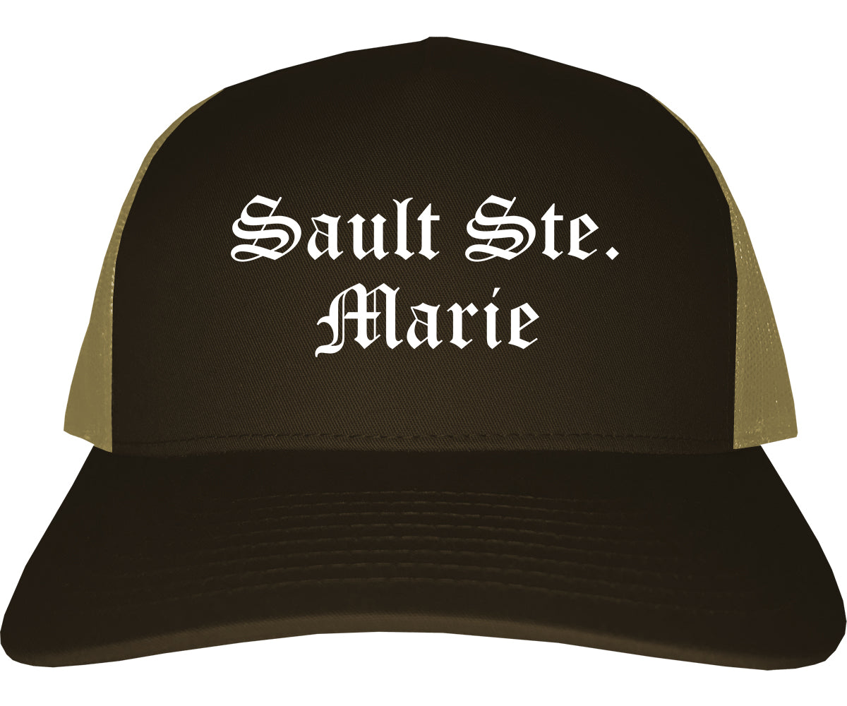 Sault Ste. Marie Michigan MI Old English Mens Trucker Hat Cap Brown