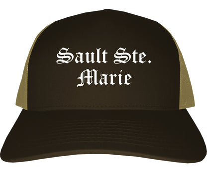 Sault Ste. Marie Michigan MI Old English Mens Trucker Hat Cap Brown