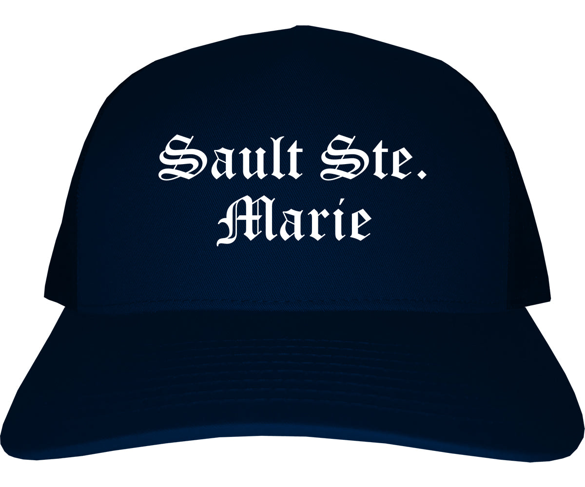Sault Ste. Marie Michigan MI Old English Mens Trucker Hat Cap Navy Blue