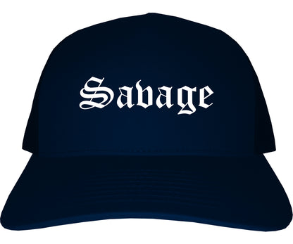 Savage Minnesota MN Old English Mens Trucker Hat Cap Navy Blue