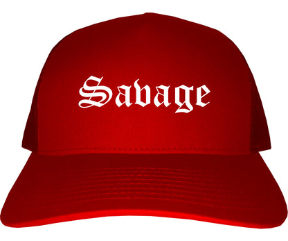 Savage Minnesota MN Old English Mens Trucker Hat Cap Red