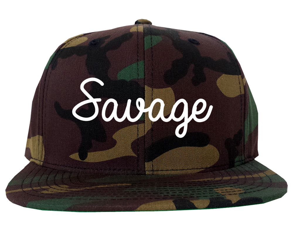 Savage Minnesota MN Script Mens Snapback Hat Army Camo