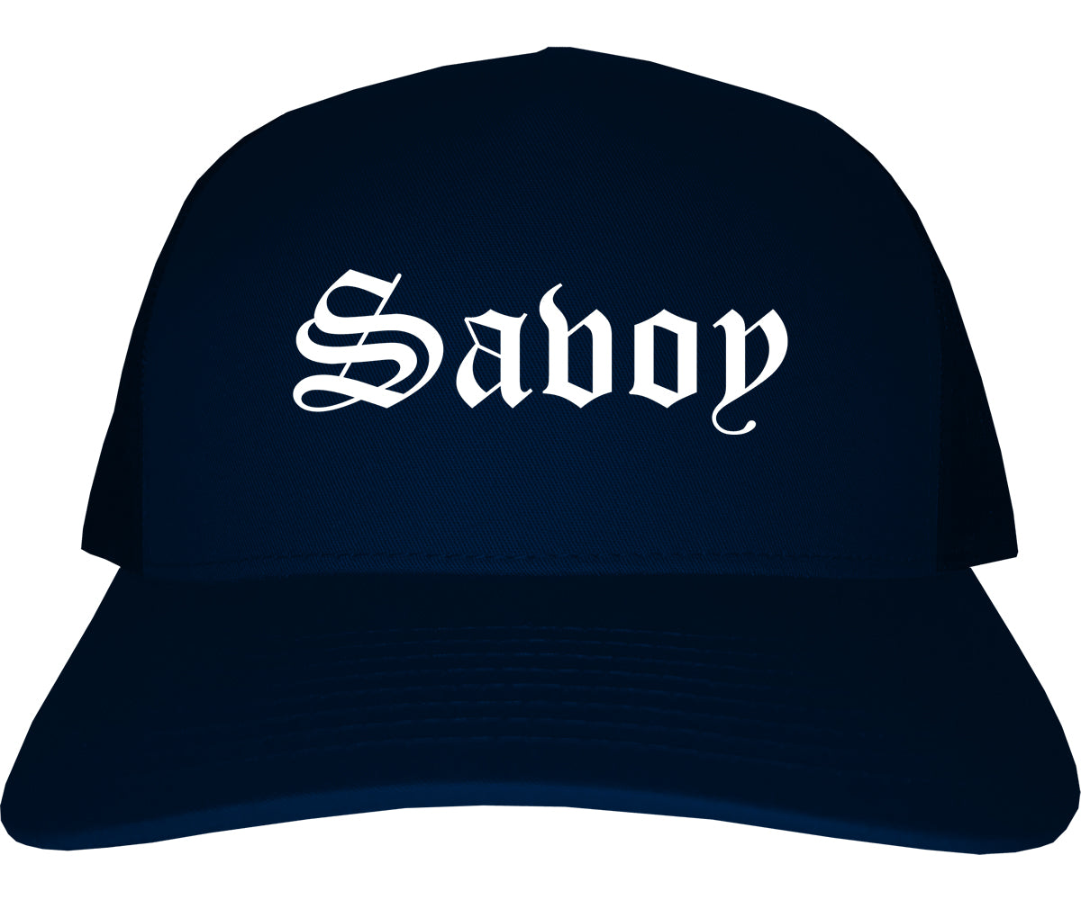 Savoy Illinois IL Old English Mens Trucker Hat Cap Navy Blue