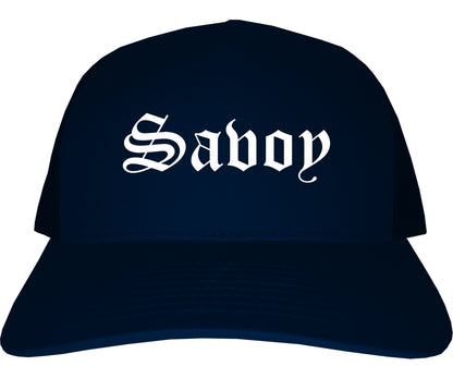 Savoy Illinois IL Old English Mens Trucker Hat Cap Navy Blue