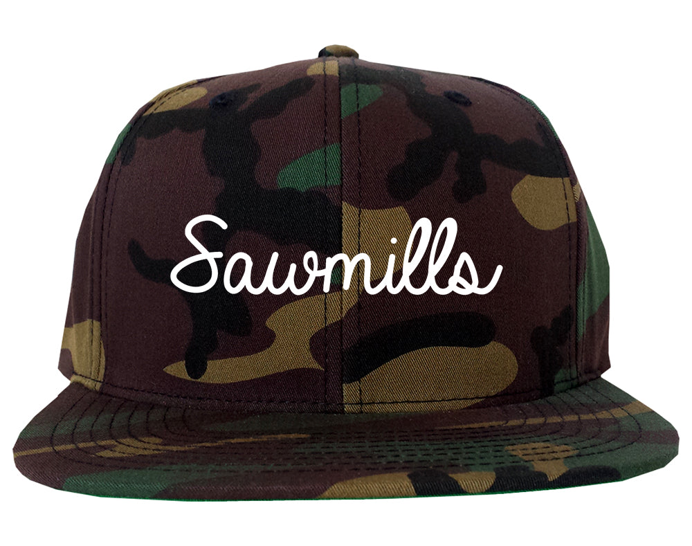 Sawmills North Carolina NC Script Mens Snapback Hat Army Camo