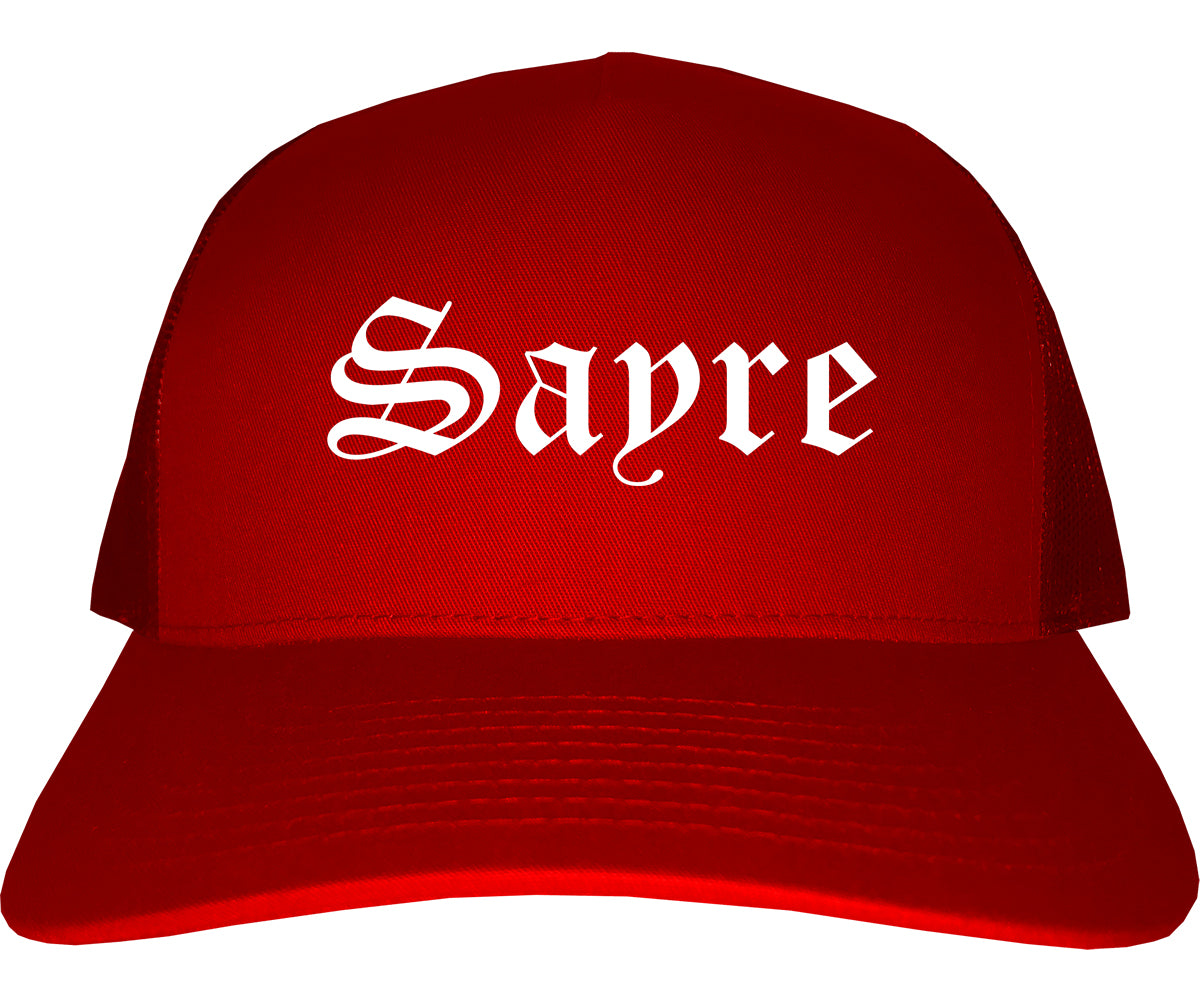 Sayre Oklahoma OK Old English Mens Trucker Hat Cap Red