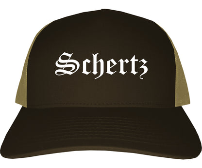 Schertz Texas TX Old English Mens Trucker Hat Cap Brown