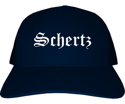 Schertz Texas TX Old English Mens Trucker Hat Cap Navy Blue