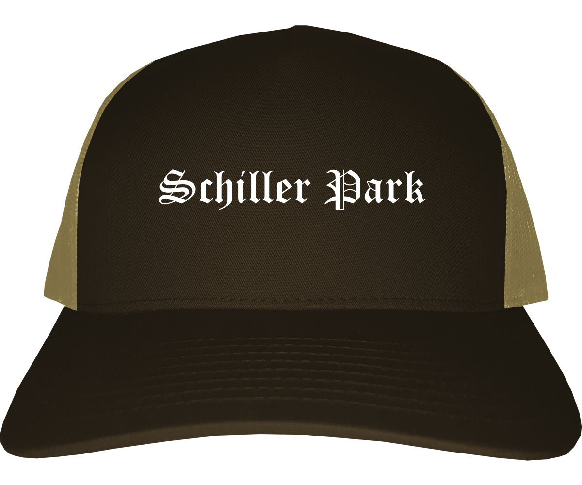 Schiller Park Illinois IL Old English Mens Trucker Hat Cap Brown