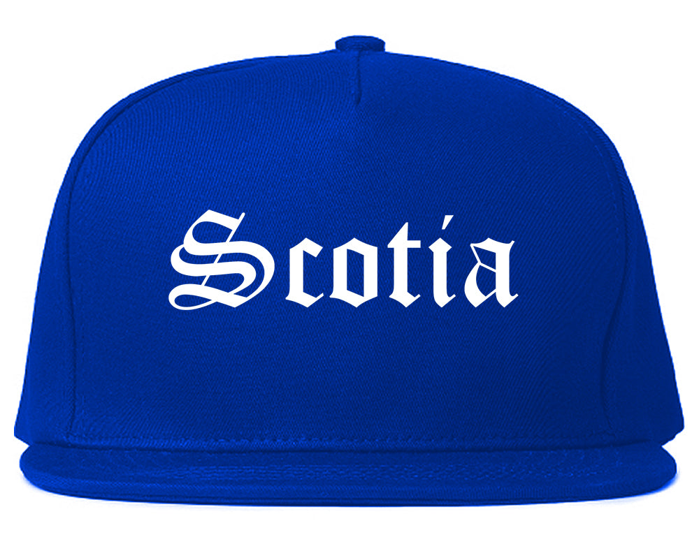Scotia New York NY Old English Mens Snapback Hat Royal Blue