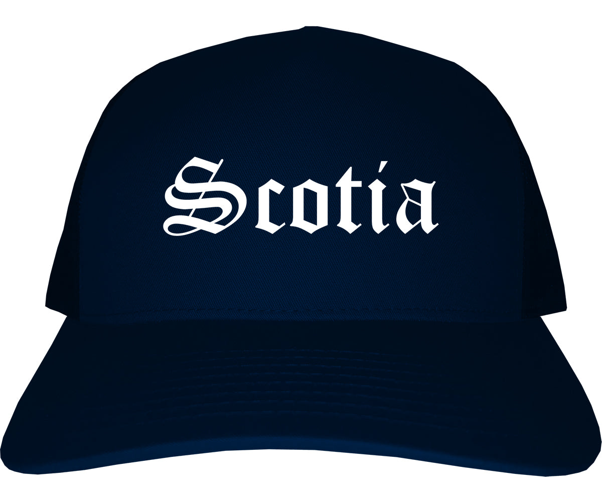 Scotia New York NY Old English Mens Trucker Hat Cap Navy Blue