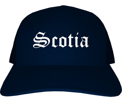 Scotia New York NY Old English Mens Trucker Hat Cap Navy Blue