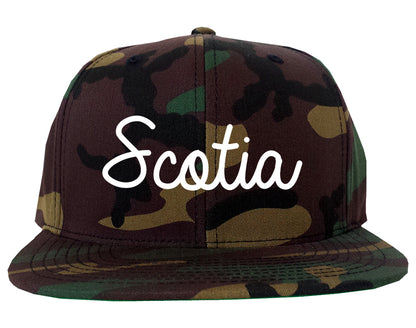 Scotia New York NY Script Mens Snapback Hat Army Camo