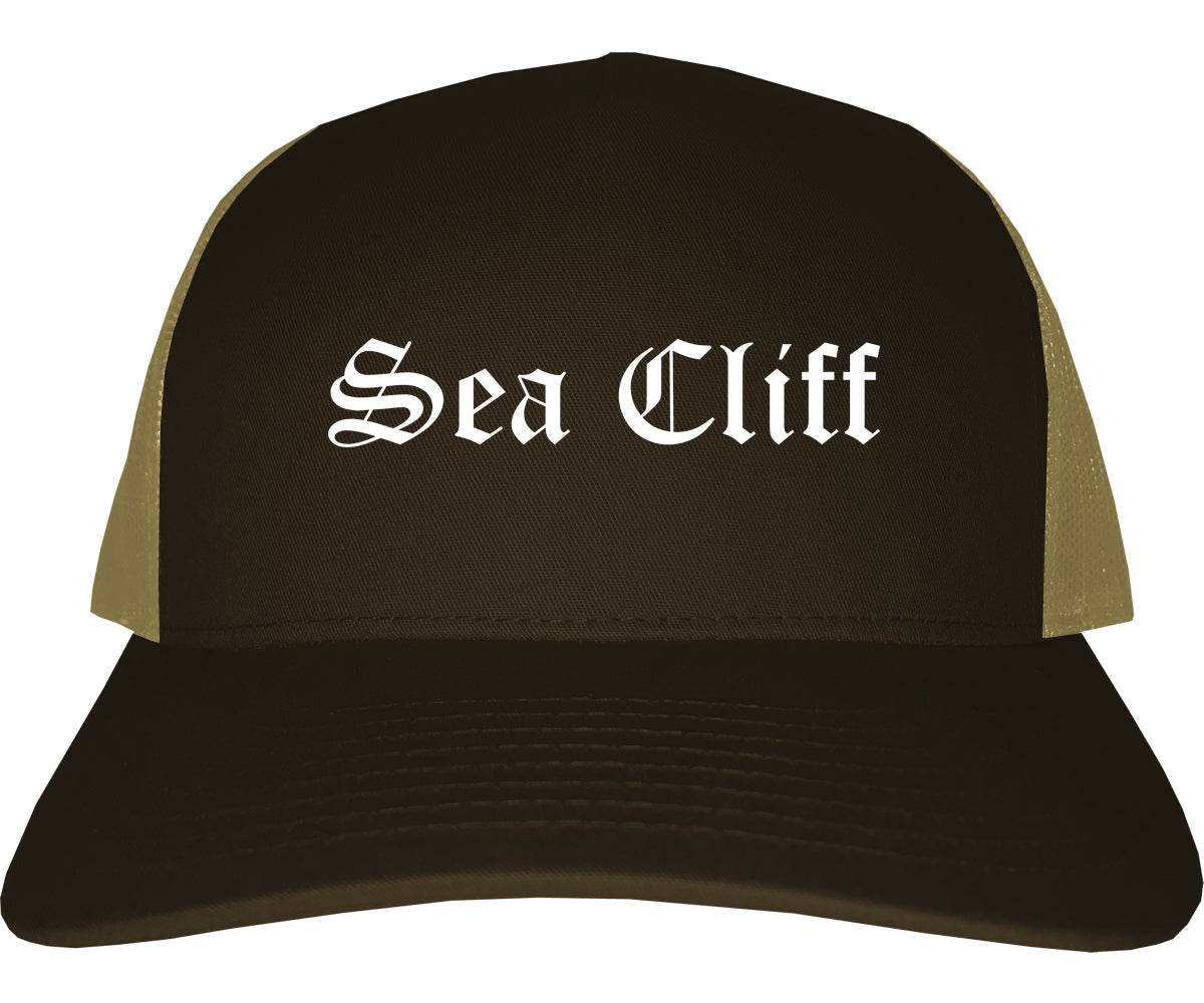 Sea Cliff New York NY Old English Mens Trucker Hat Cap Brown