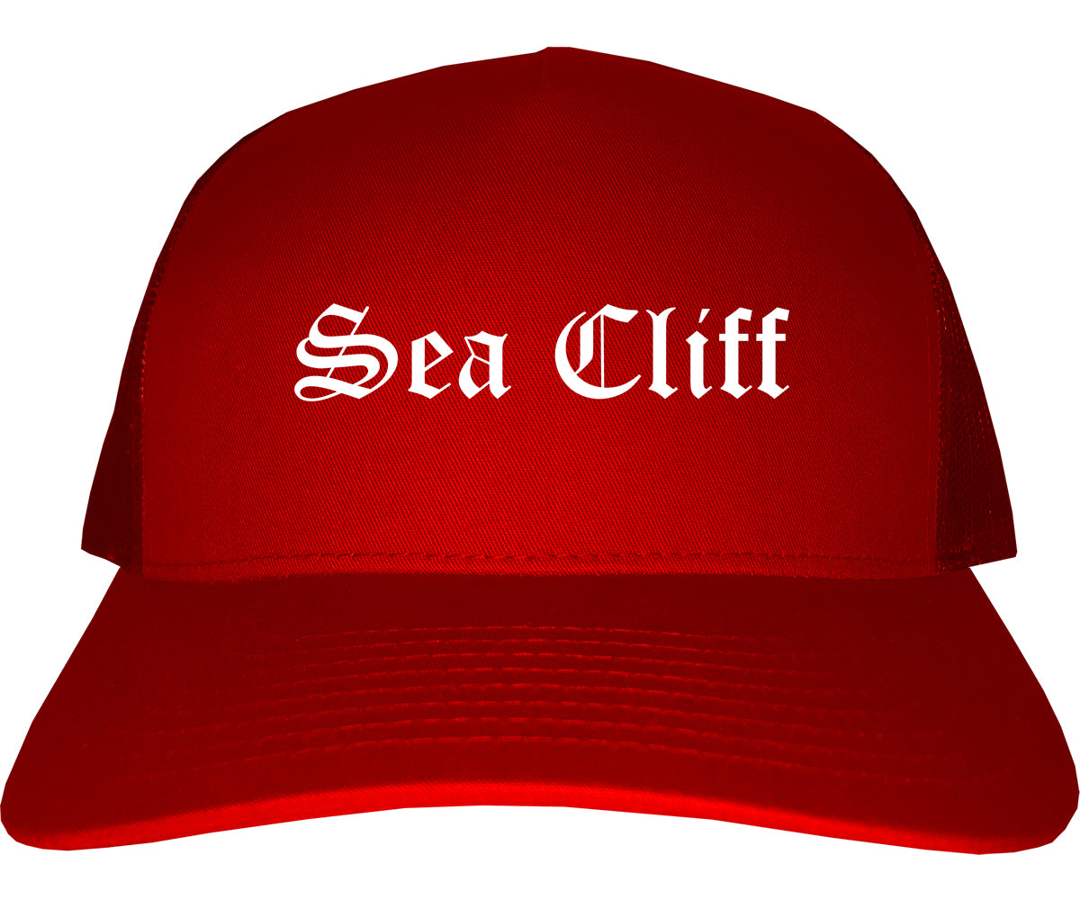 Sea Cliff New York NY Old English Mens Trucker Hat Cap Red