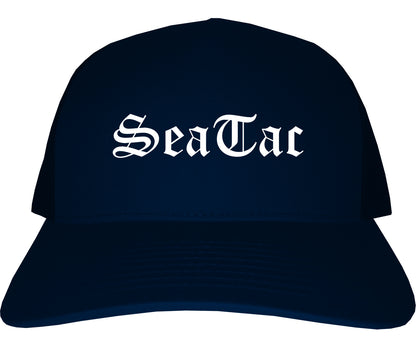 SeaTac Washington WA Old English Mens Trucker Hat Cap Navy Blue