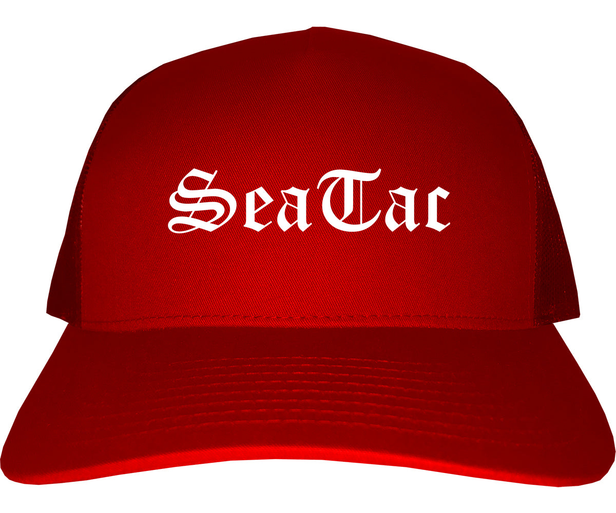 SeaTac Washington WA Old English Mens Trucker Hat Cap Red