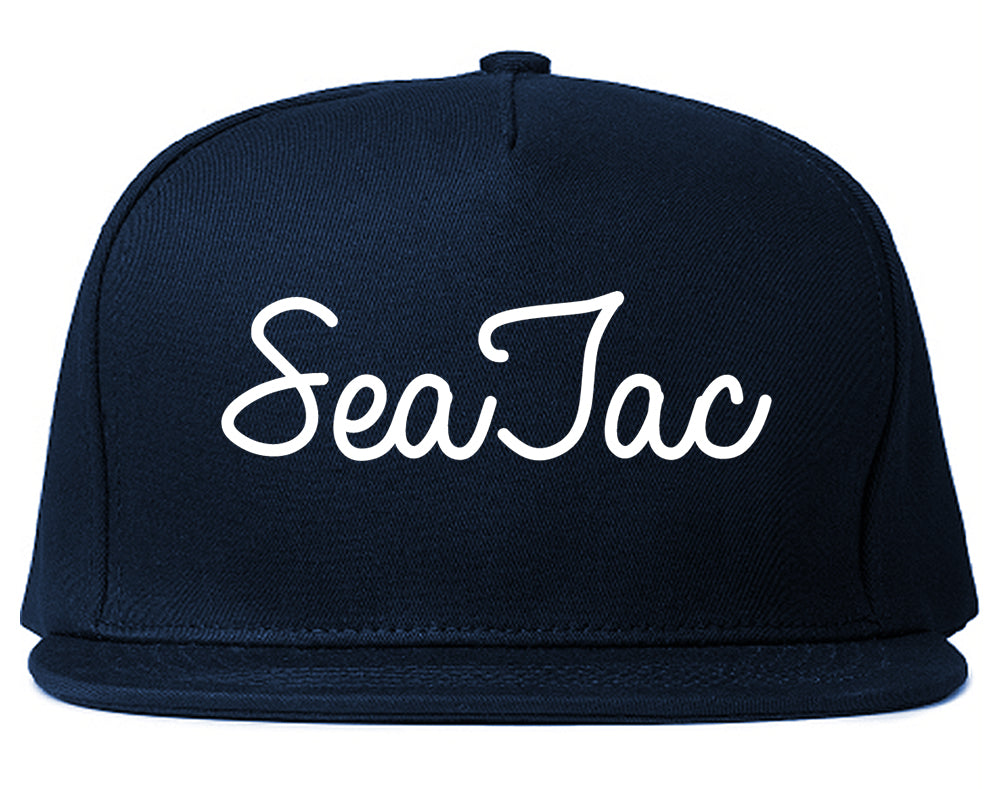 SeaTac Washington WA Script Mens Snapback Hat Navy Blue