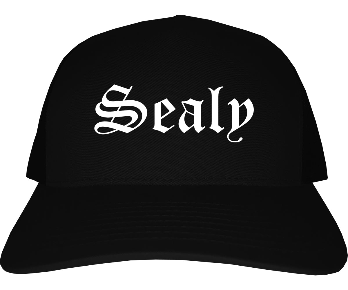 Sealy Texas TX Old English Mens Trucker Hat Cap Black