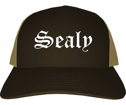 Sealy Texas TX Old English Mens Trucker Hat Cap Brown