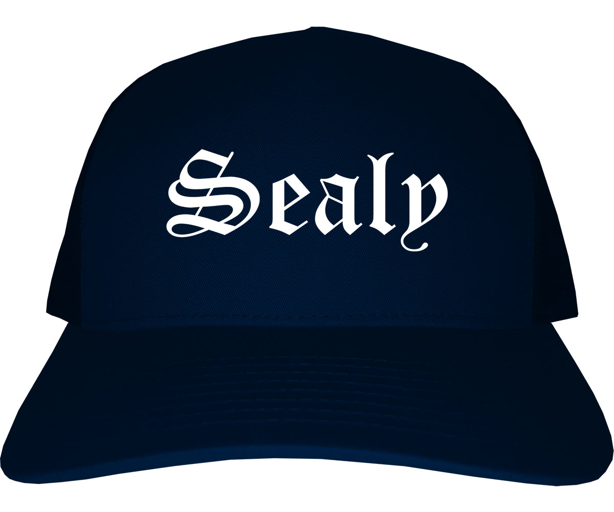 Sealy Texas TX Old English Mens Trucker Hat Cap Navy Blue