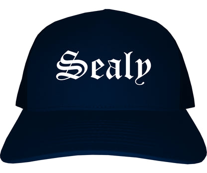 Sealy Texas TX Old English Mens Trucker Hat Cap Navy Blue