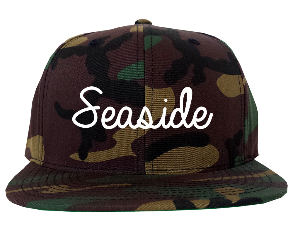 Seaside Oregon OR Script Mens Snapback Hat Army Camo