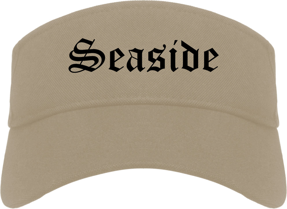 Seaside Oregon OR Old English Mens Visor Cap Hat Khaki