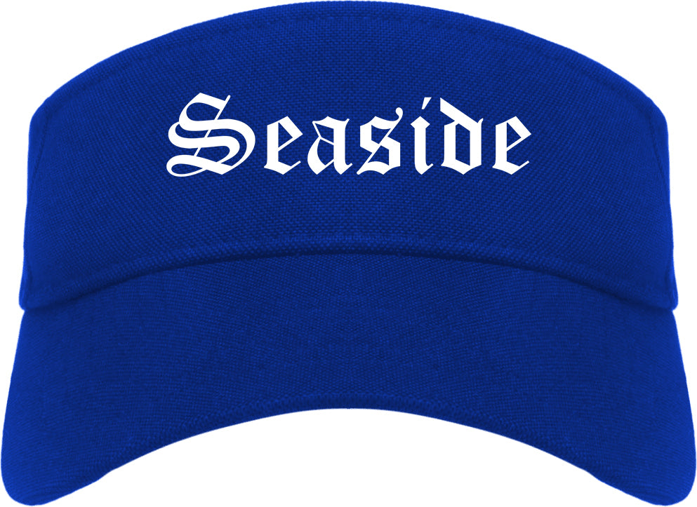 Seaside Oregon OR Old English Mens Visor Cap Hat Royal Blue