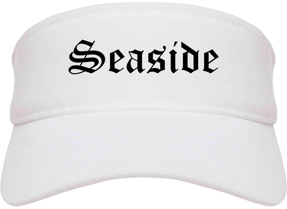 Seaside Oregon OR Old English Mens Visor Cap Hat White