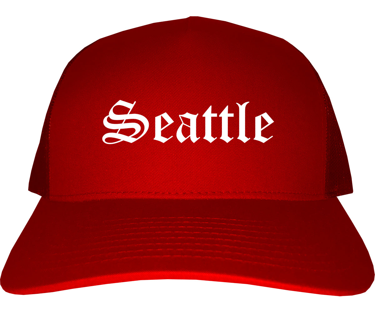 Seattle Washington WA Old English Mens Trucker Hat Cap Red