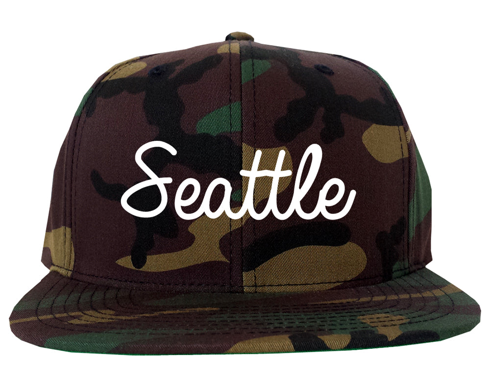 Seattle Washington WA Script Mens Snapback Hat Army Camo