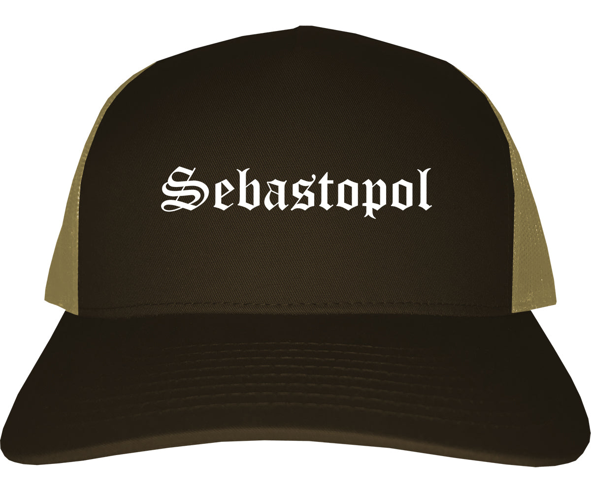 Sebastopol California CA Old English Mens Trucker Hat Cap Brown