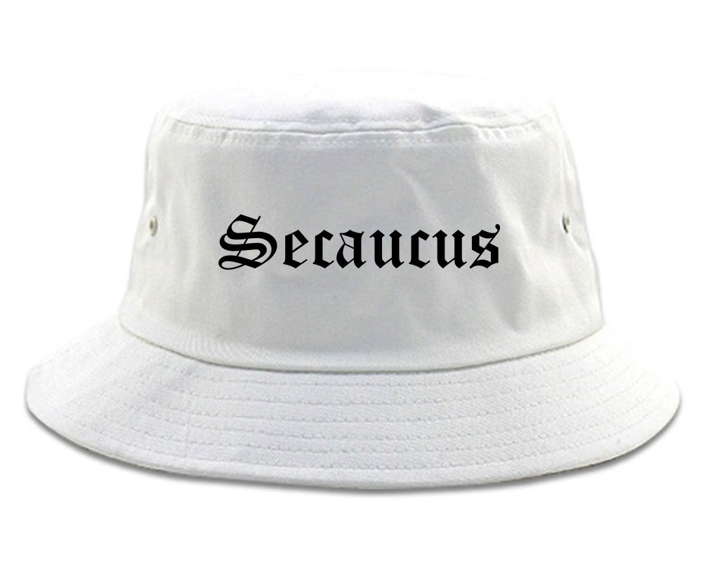 Secaucus New Jersey NJ Old English Mens Bucket Hat White