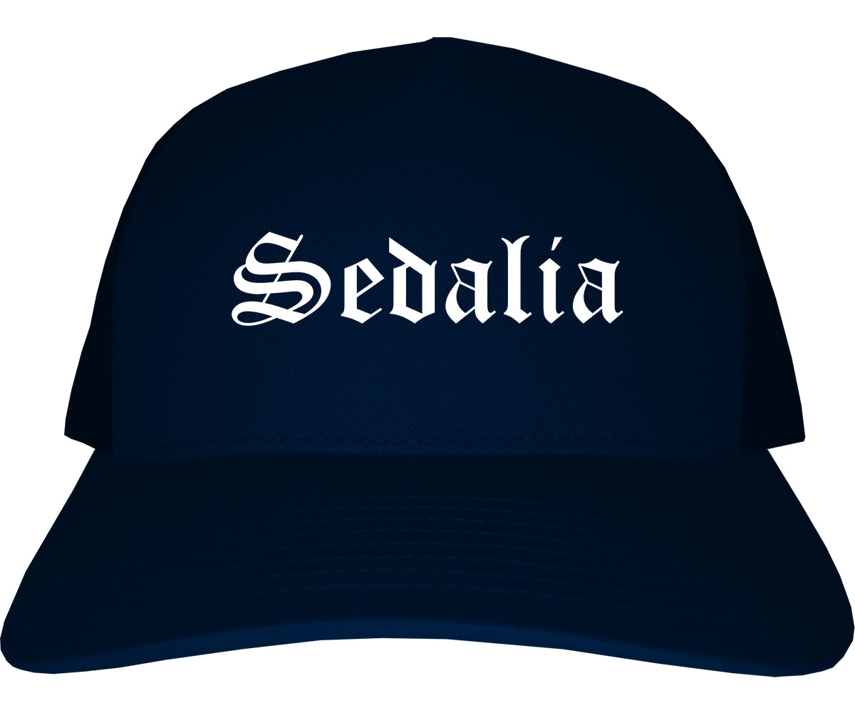 Sedalia Missouri MO Old English Mens Trucker Hat Cap Navy Blue