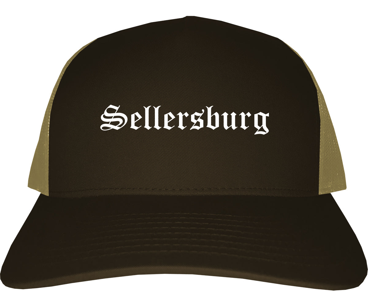Sellersburg Indiana IN Old English Mens Trucker Hat Cap Brown