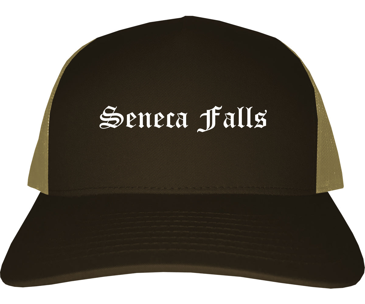 Seneca Falls New York NY Old English Mens Trucker Hat Cap Brown