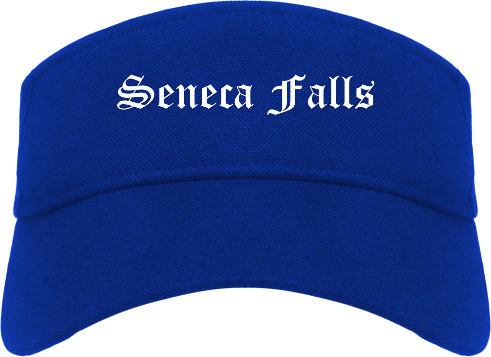 Seneca Falls New York NY Old English Mens Visor Cap Hat Royal Blue