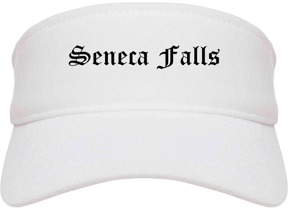 Seneca Falls New York NY Old English Mens Visor Cap Hat White