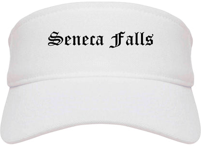 Seneca Falls New York NY Old English Mens Visor Cap Hat White