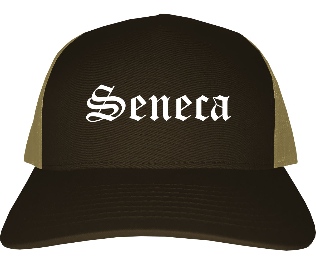 Seneca South Carolina SC Old English Mens Trucker Hat Cap Brown