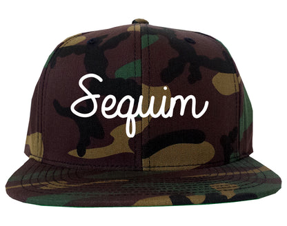 Sequim Washington WA Script Mens Snapback Hat Army Camo